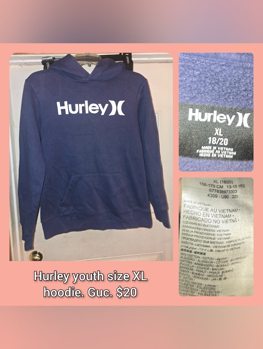 Hurley Navy Blue Pullover Hoodie with White Logo